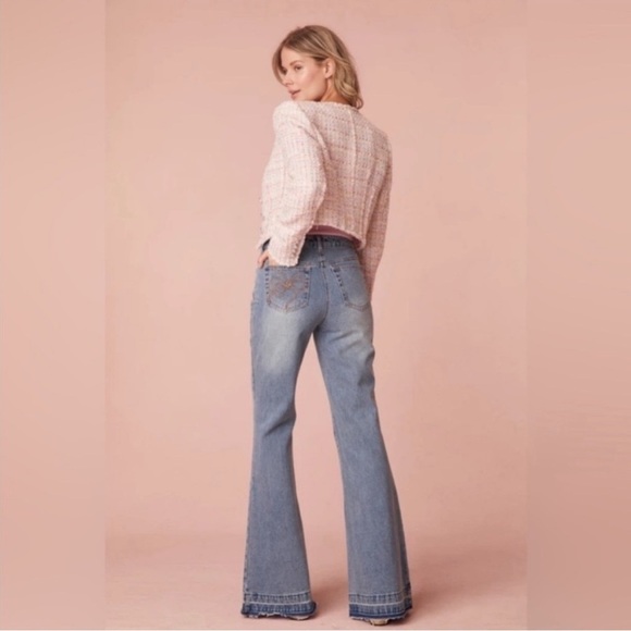 Love Shack Fancy Kala Flare Jeans High Rise Bow Detail Montauk Blue Size 25 New - Picture 2 of 15
